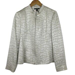 Louben Metallic Textured Zip Jacket Women’s Size 12 Silver Croc Pattern Luxury
